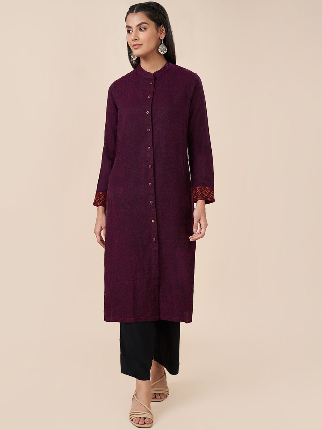 

RANGMANCH BY PANTALOONS Women Geometric Woven Design Mandarin Collar Acrylic Kurta, Burgundy