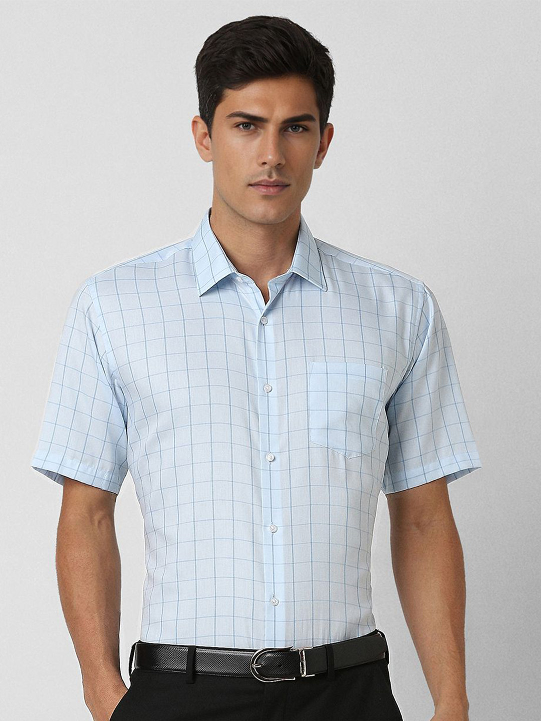 

Van Heusen Men Spread Collar Grid Tattersall Checked Cotton Slim Fit Formal Shirt, Blue