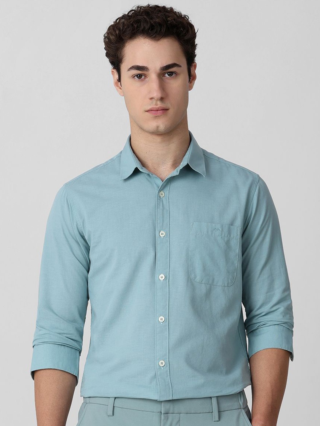 

Mufti Men Spread Collar Solid Cotton Slim Fit Casual Shirt, Turquoise blue