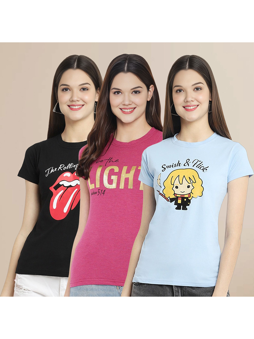 

Metronaut Women Pack Of 3 Typography Printed Round Neck Cotton T-shirts, Black