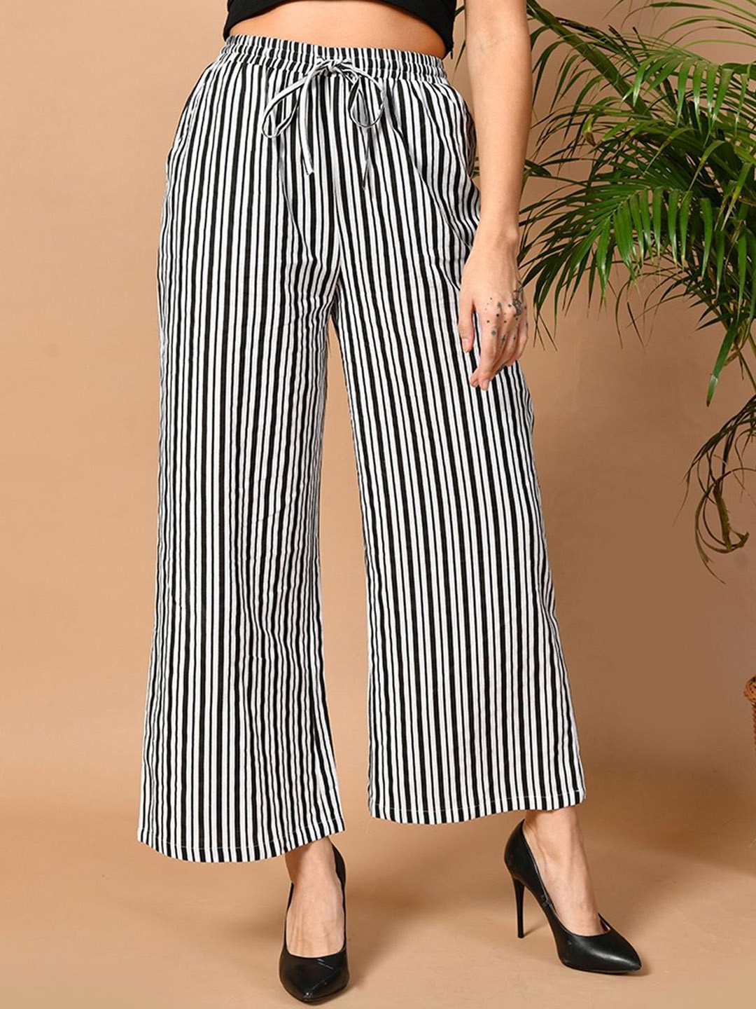 

PRETTY LOVING THING Women Striped Cotton Trousers, Black