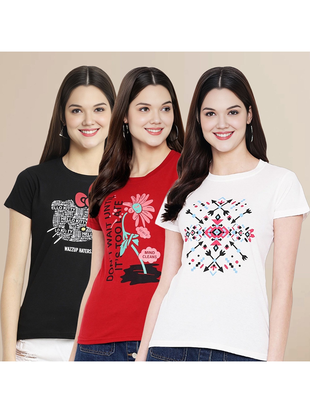 

Metronaut Women Pack Of 3 Typography Printed Round Neck Cotton T-shirts, Black