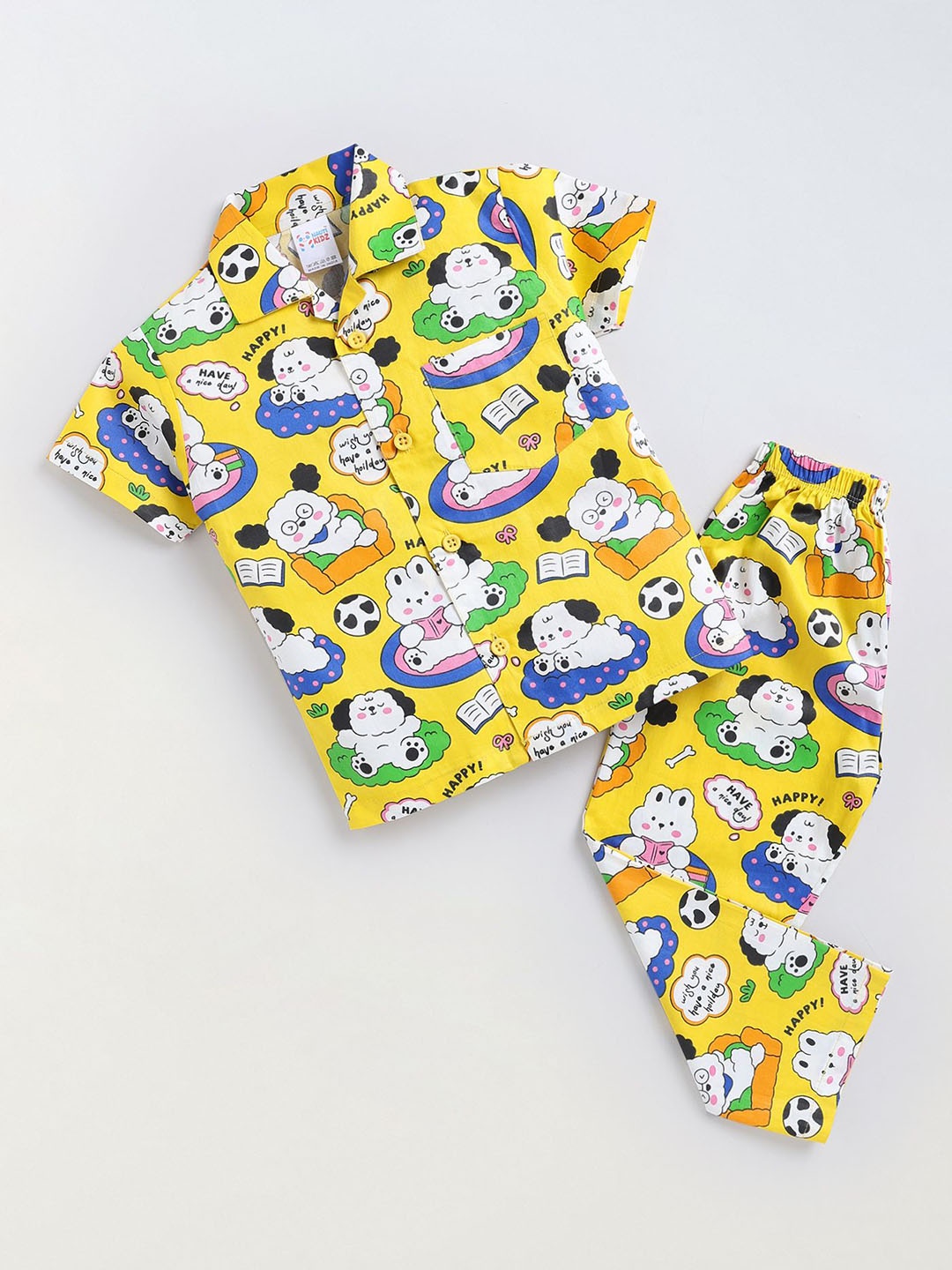 

NAUTI KIDZ Boys Pure Cotton Shirt Collar Printed Night Suit, Yellow