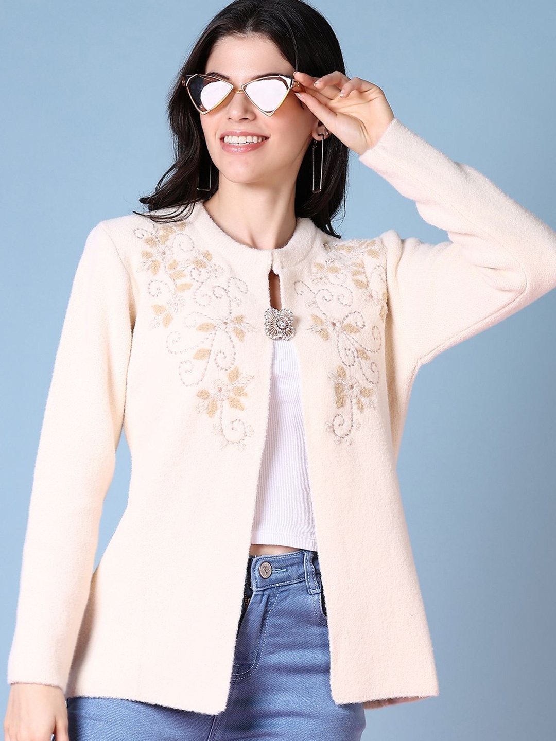 

V-Mart Women Floral Self Design Cardigan Sweater, Cream