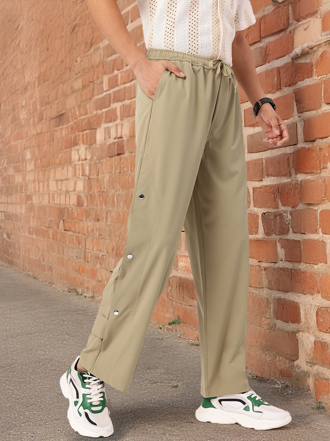 

Kook N Keech Men Offbeat Baggy Fit Trousers with Side Snap-Button Detail, Beige