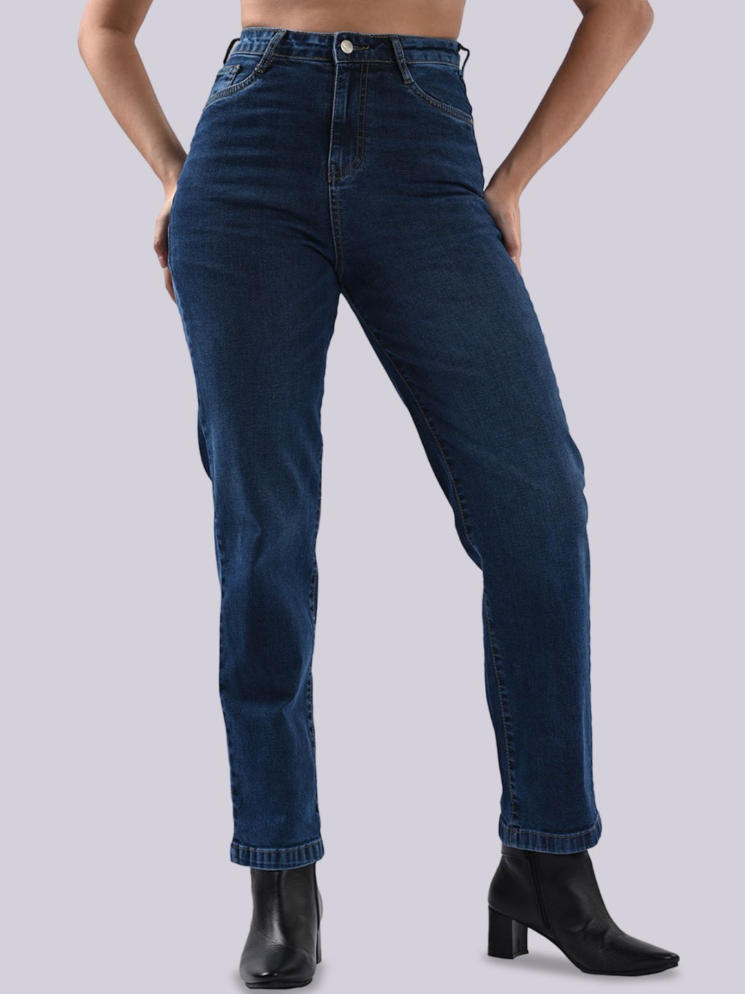

Kraus Jeans Women Cotton Straight Fit High-Rise Light Fade Stretchable Jeans, Blue