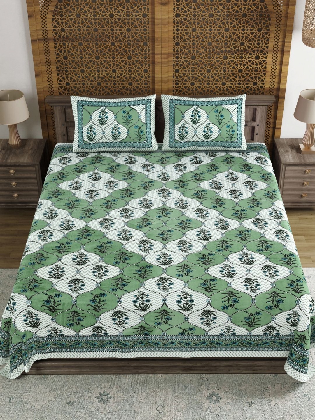 

BLOCKS OF INDIA Green & White Ethnic Motifs 120 TC King Bedsheet Set 2.18 m x 2.64 m