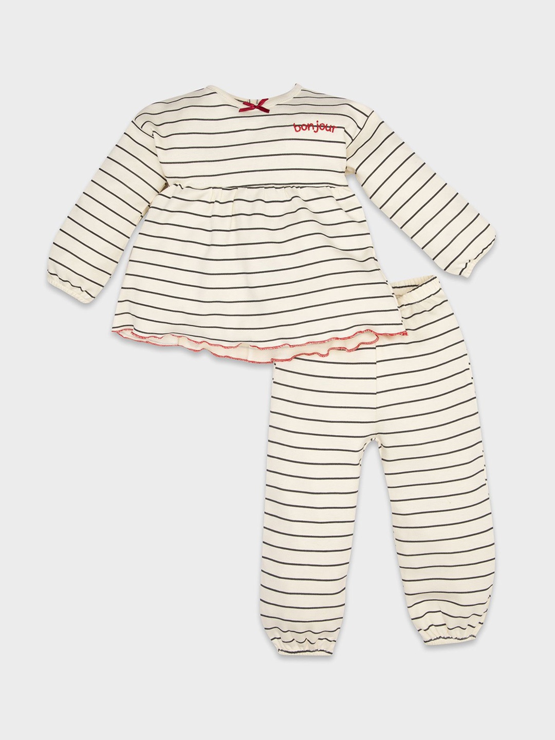 

DeFacto Girls Pure Cotton Striped Night suit, Cream