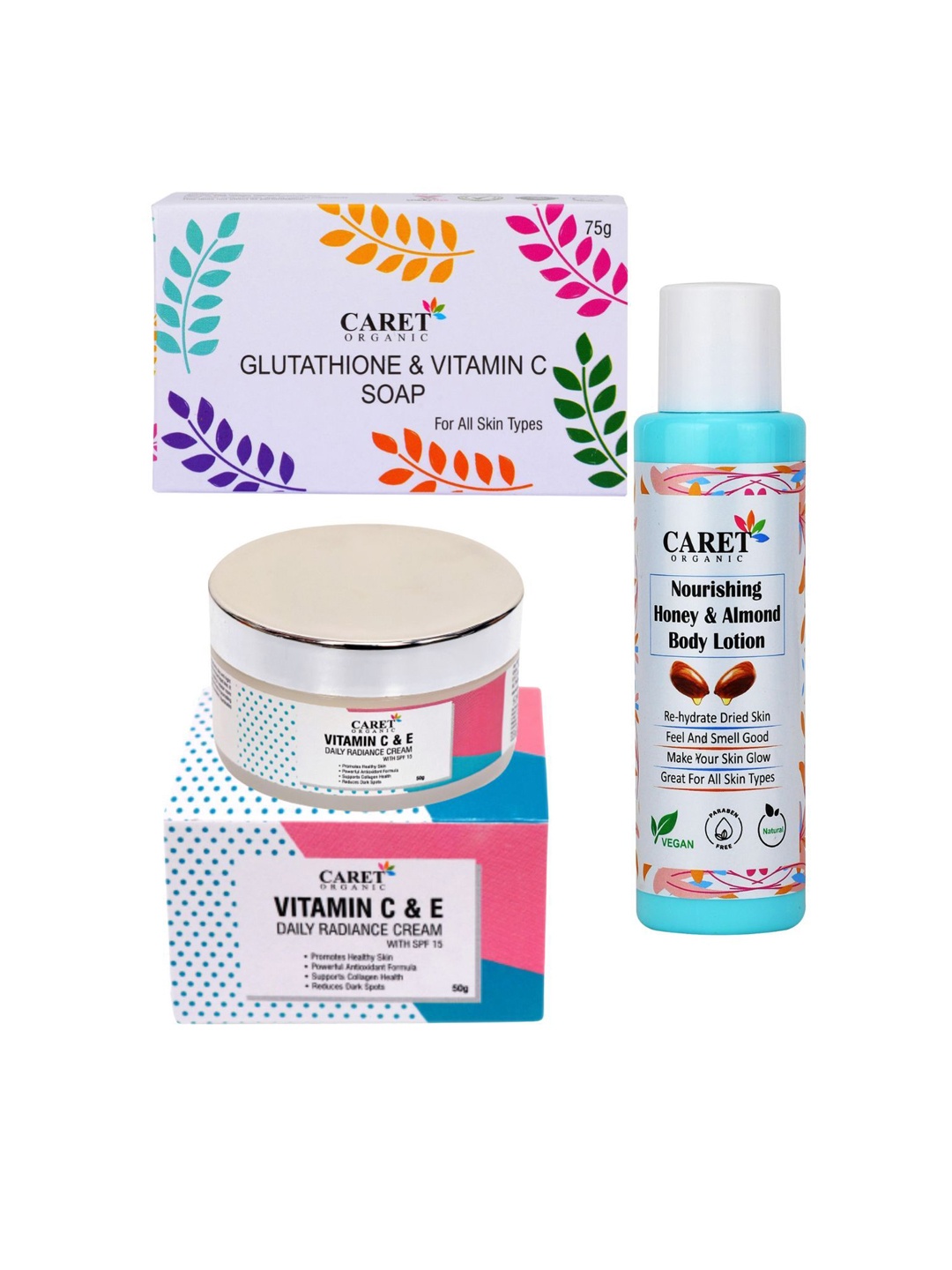 

CARET ORGANIC Set Of 3 Vitamin C Soap With Almond Body Lotion & Daily Radiance Cream, White