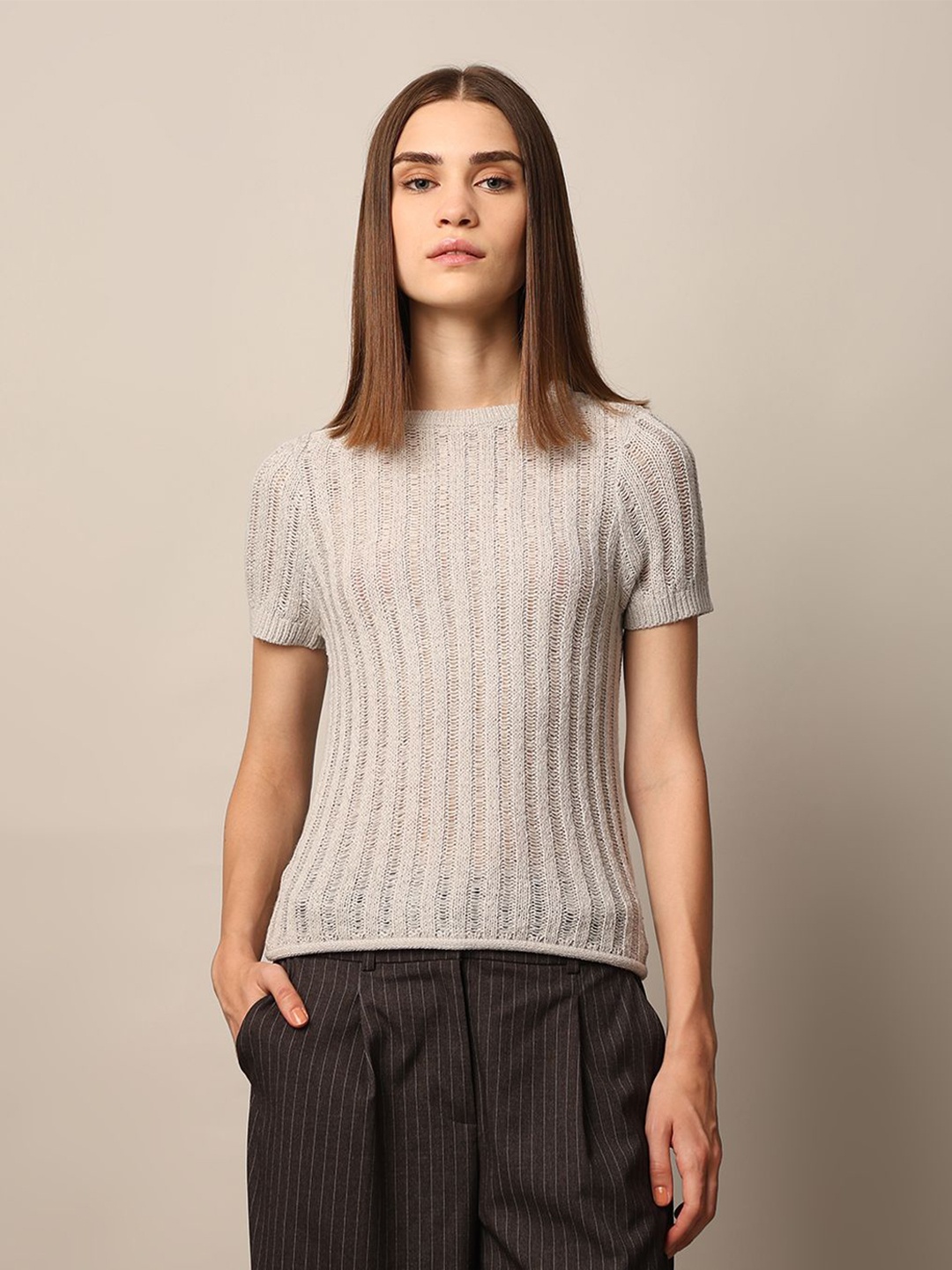 

ONLY Women Ribbed Pullover with Fuzzy Detail, Grey