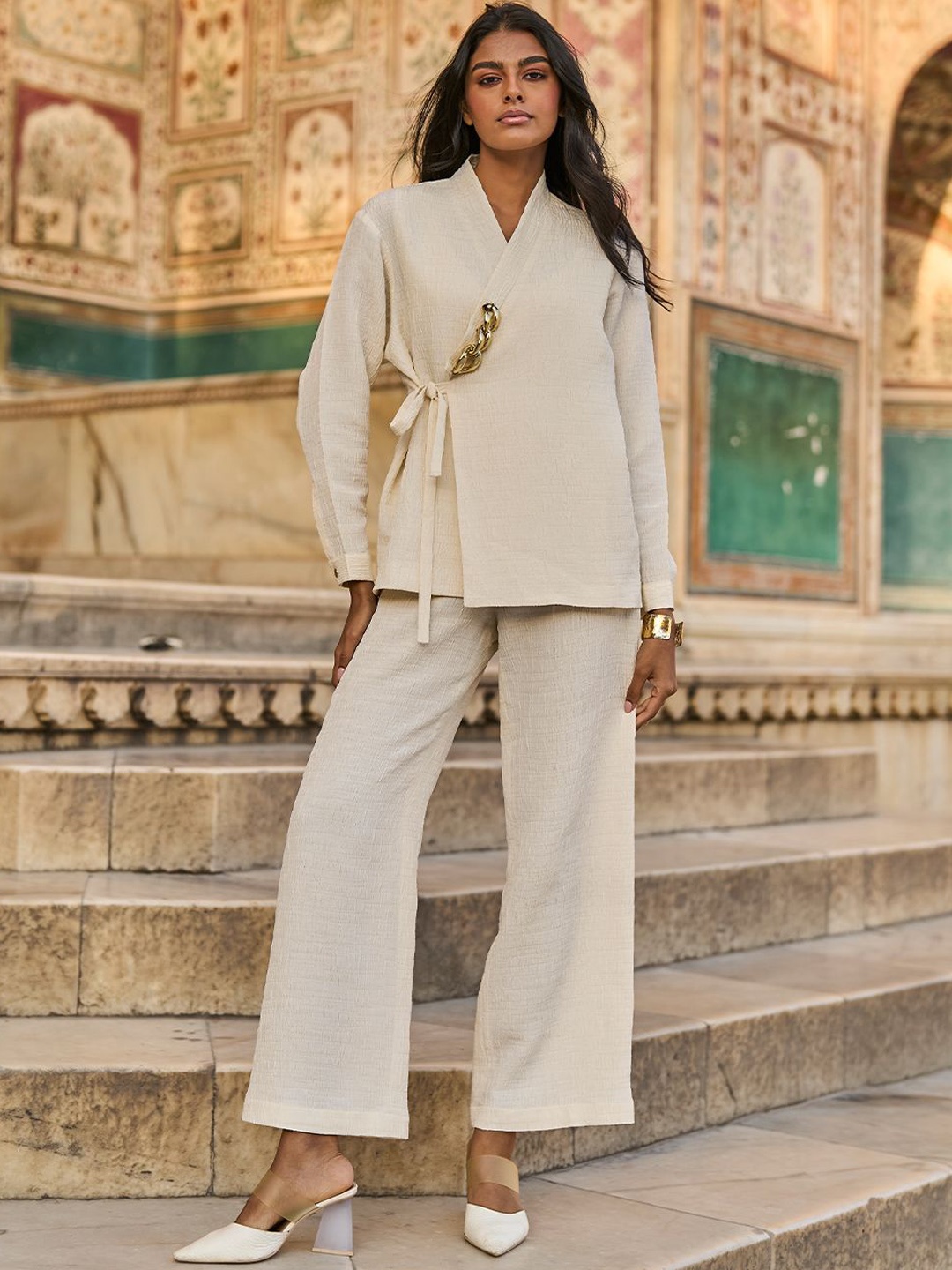 

Dash and Dot Textured V-Neck Side Tie Top With Trouser, Off white