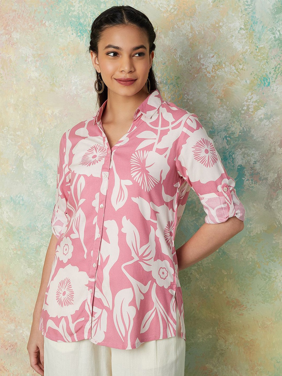 

Melange by Lifestyle Women Floral Printed Roll-Up Sleeves Casual Shirt, Pink