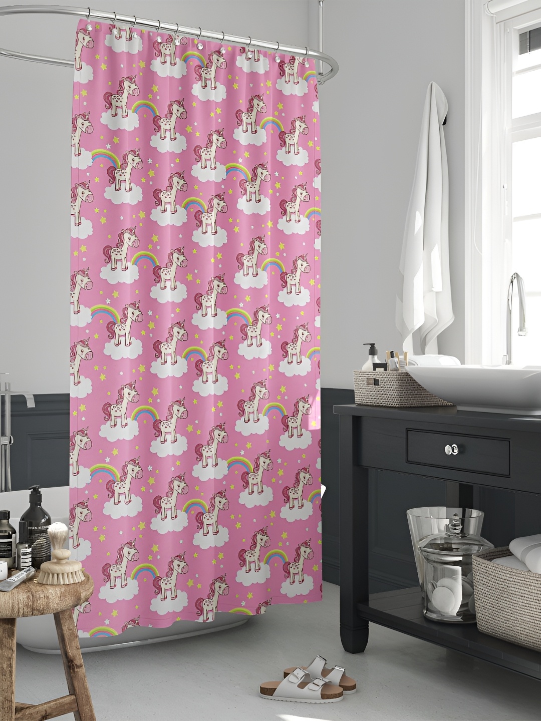 

ArtzFolio Pink & White Printed Waterproof Shower Curtain