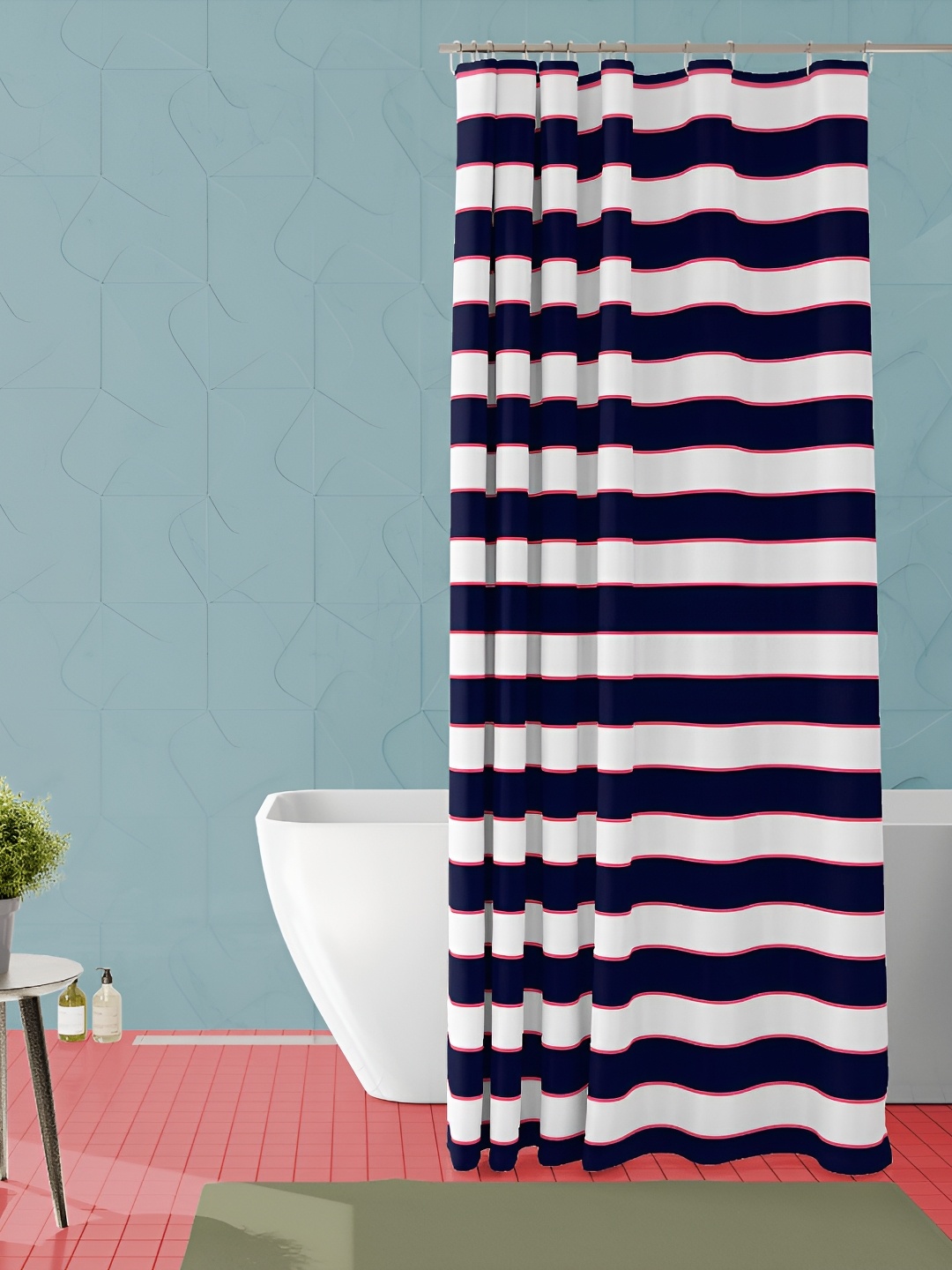 

ArtzFolio Navy Blue & White Striped Waterproof Shower Curtain