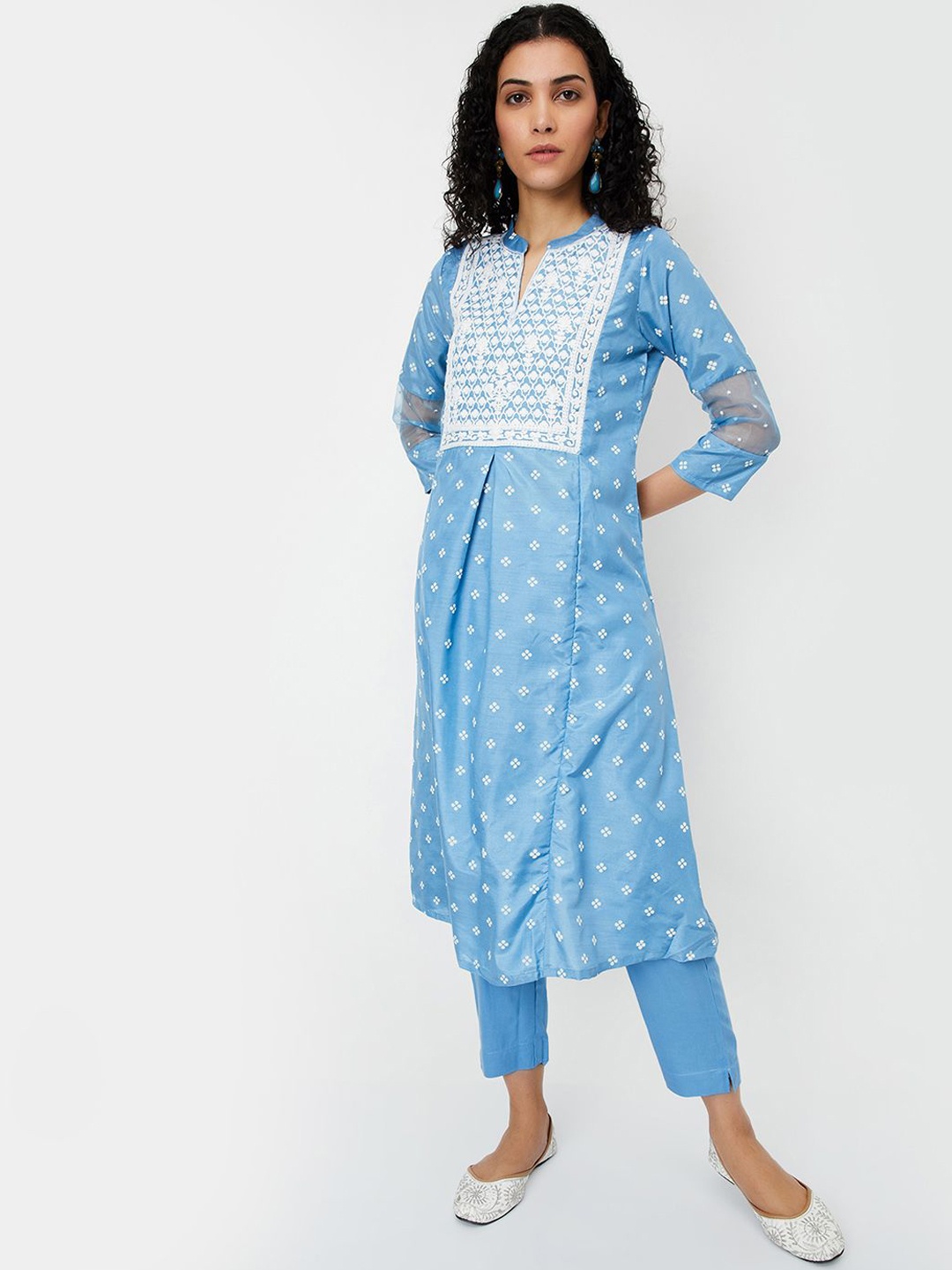 

max Women Ethnic Motifs Printed Thread Work Mandarin Collar A-Line Kurta With Trouser, Blue