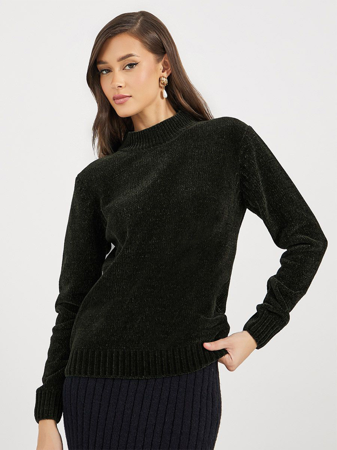 

Styli High Neck Acrylic Longline Pullover Sweater, Black