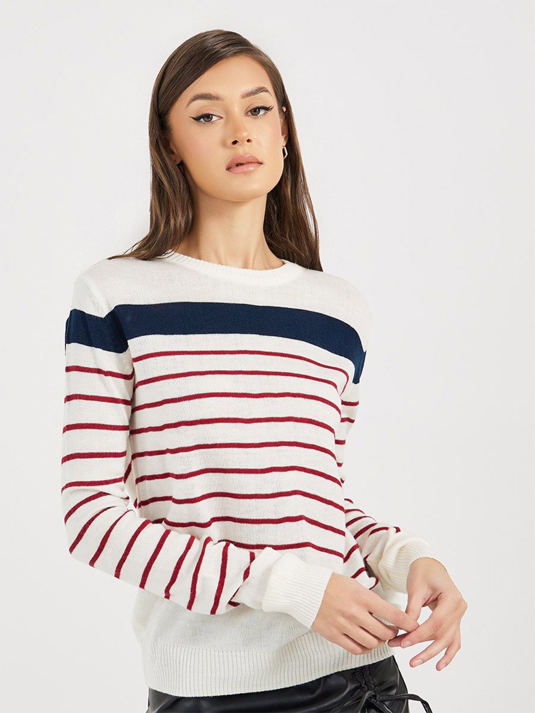 

Styli Striped Acrylic Pullover Sweater, White