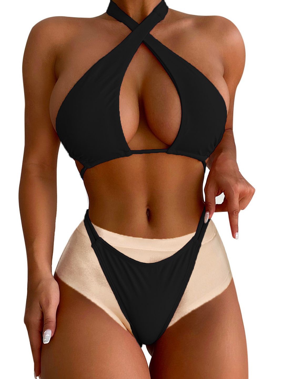 

KRENOZ Women Two Piece Thong Bikini Set, Black