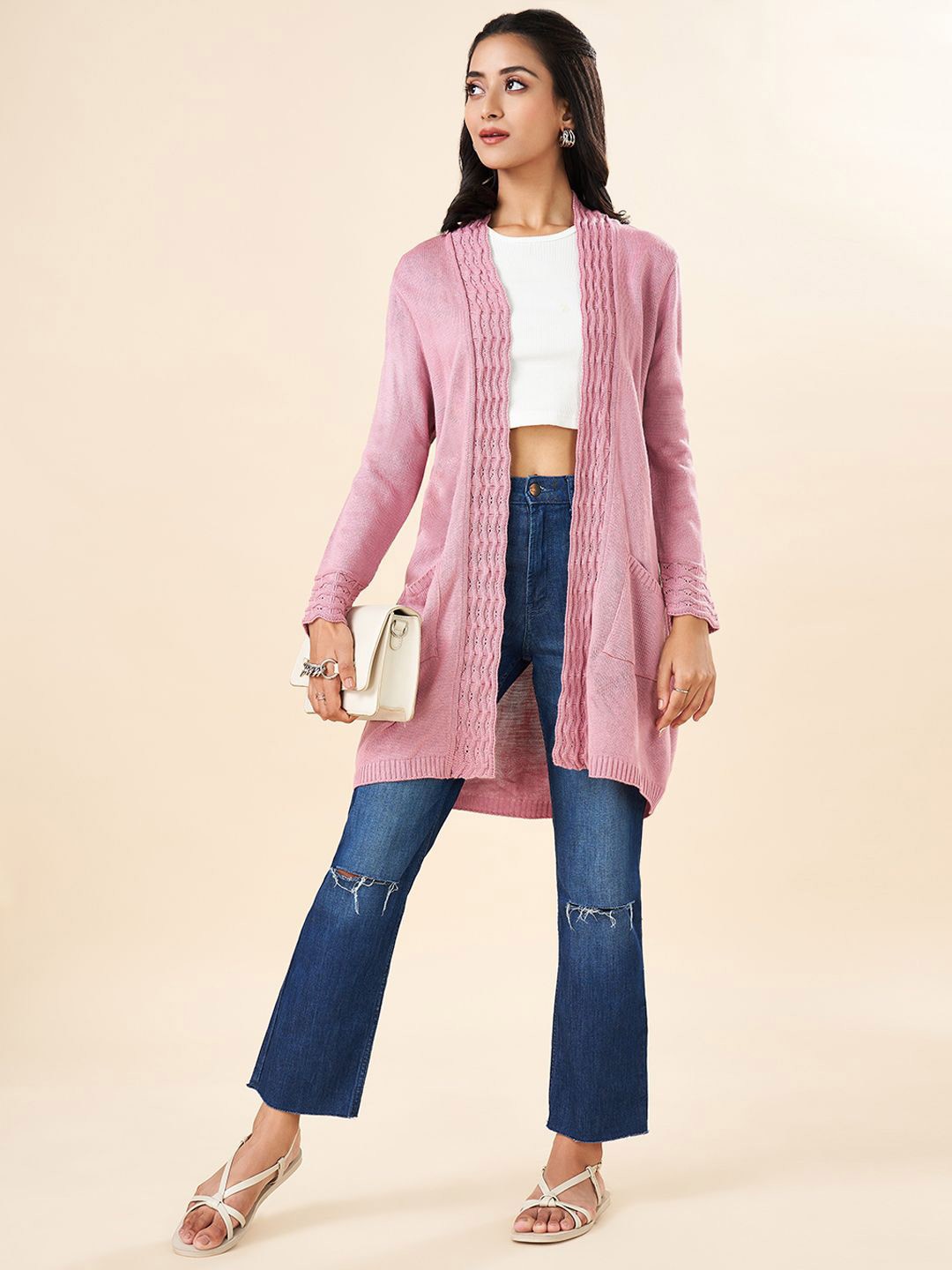 

RANGMANCH BY PANTALOONS Self Design Acrylic Longline Shrug, Peach