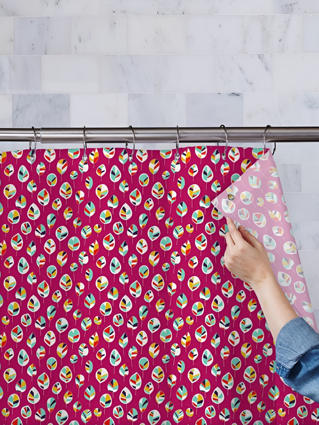 

ArtzFolio Pink & Sea Green Printed Waterproof Shower Curtain