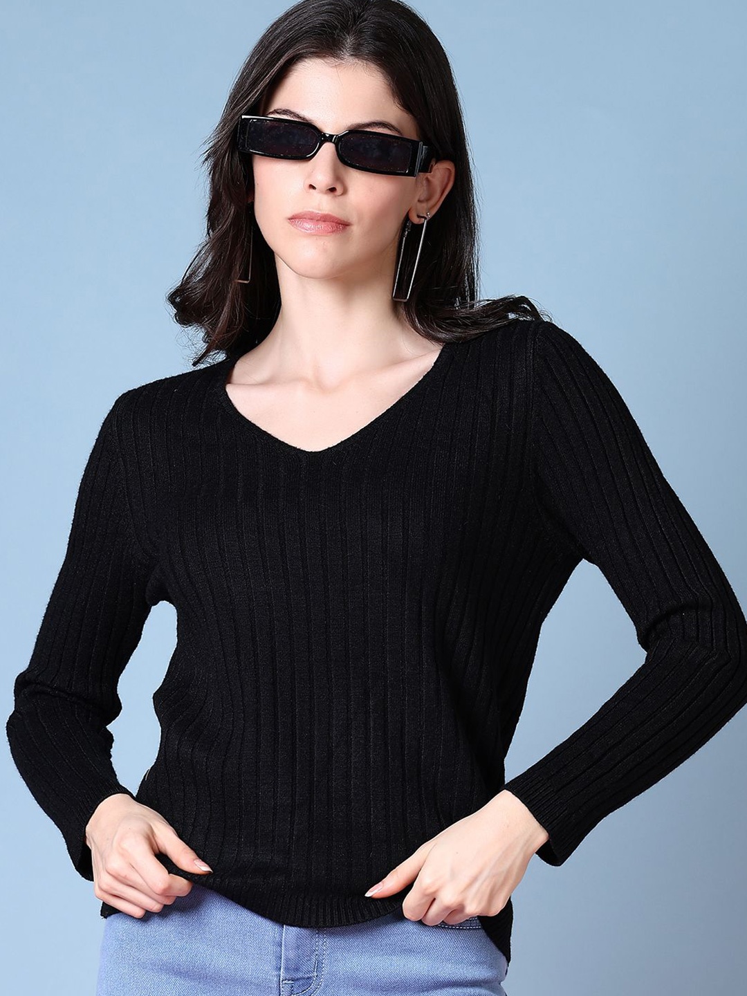 

V-Mart Women V-Neck Striped Pullover Sweater, Black