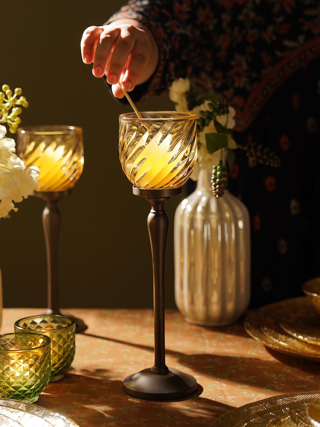

Pure Home and Living Yellow Swirl Textured Hurricane Glass Candle Holder