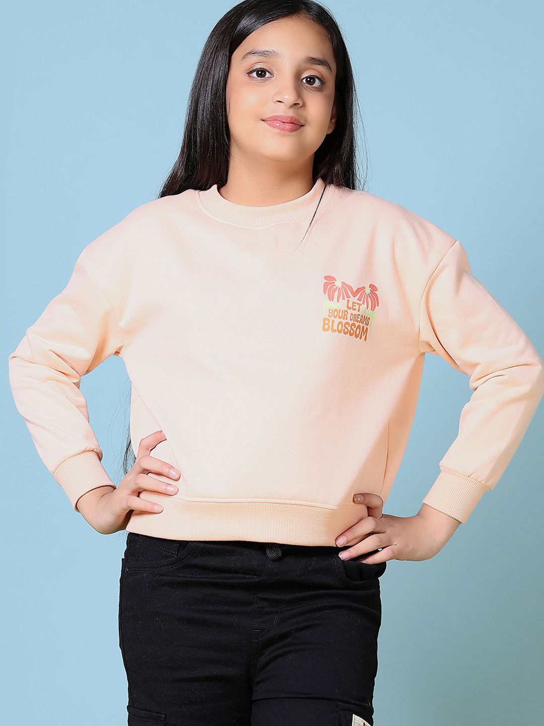 

V-Mart Girls Cotton Printed Round Neck Long Sleeves Pullover Sweatshirt, Peach