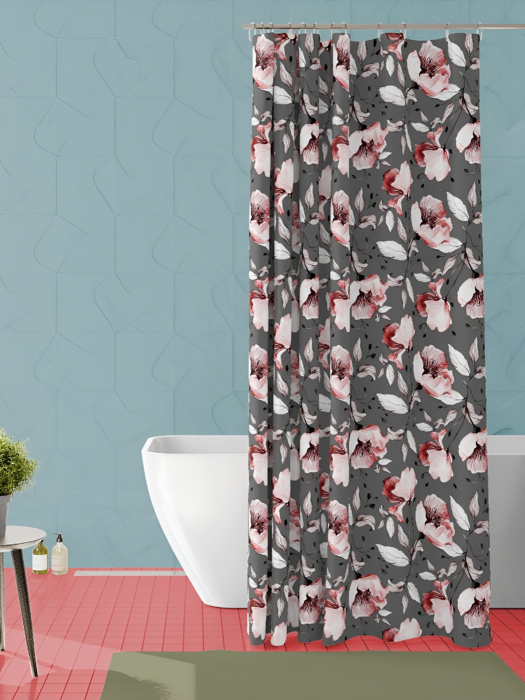 

ArtzFolio Grey & Pink Floral Printed Waterproof Shower Curtain