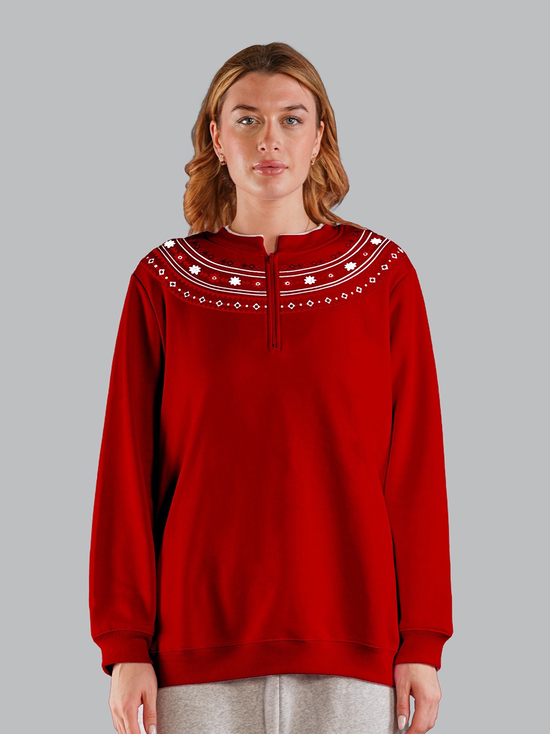 

Nimble Women Printed Round Neck Long Sleeves Sweatshirt, Red