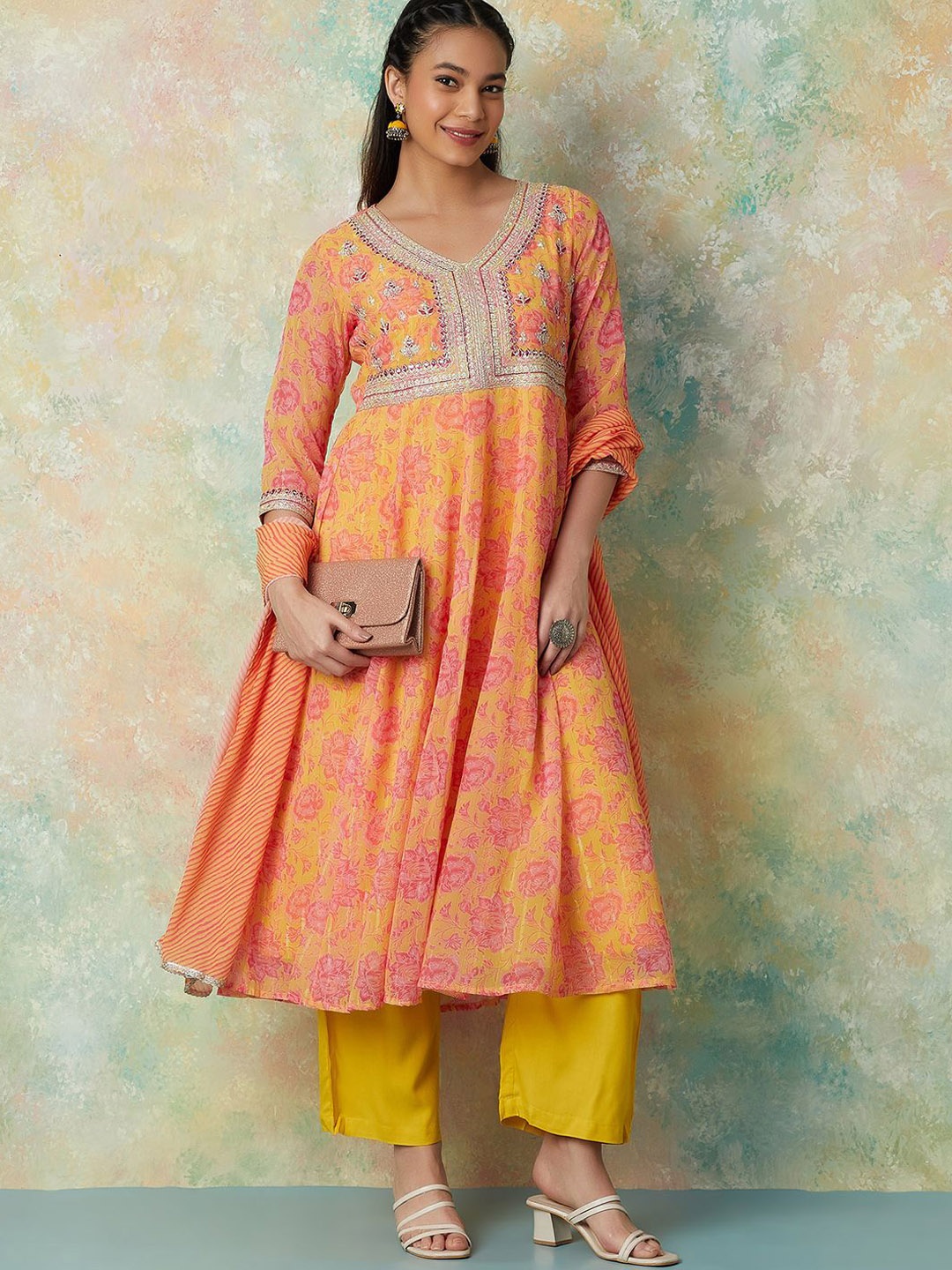 

Melange by Lifestyle Floral Embroidered Zari Anarkali Kurta With Palazzos & Dupatta, Orange