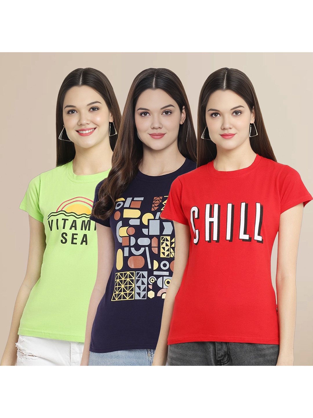 

Metronaut Women Pack Of 3 Typography Printed Round Neck Cotton T-shirts, Green
