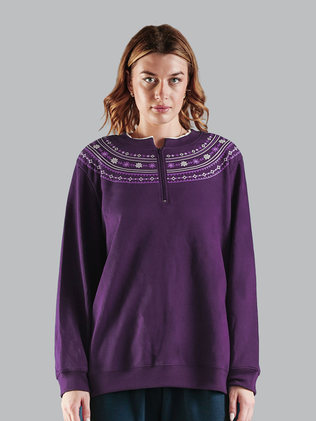

Nimble Women Floral Printed Cotton Sweatshirt, Purple