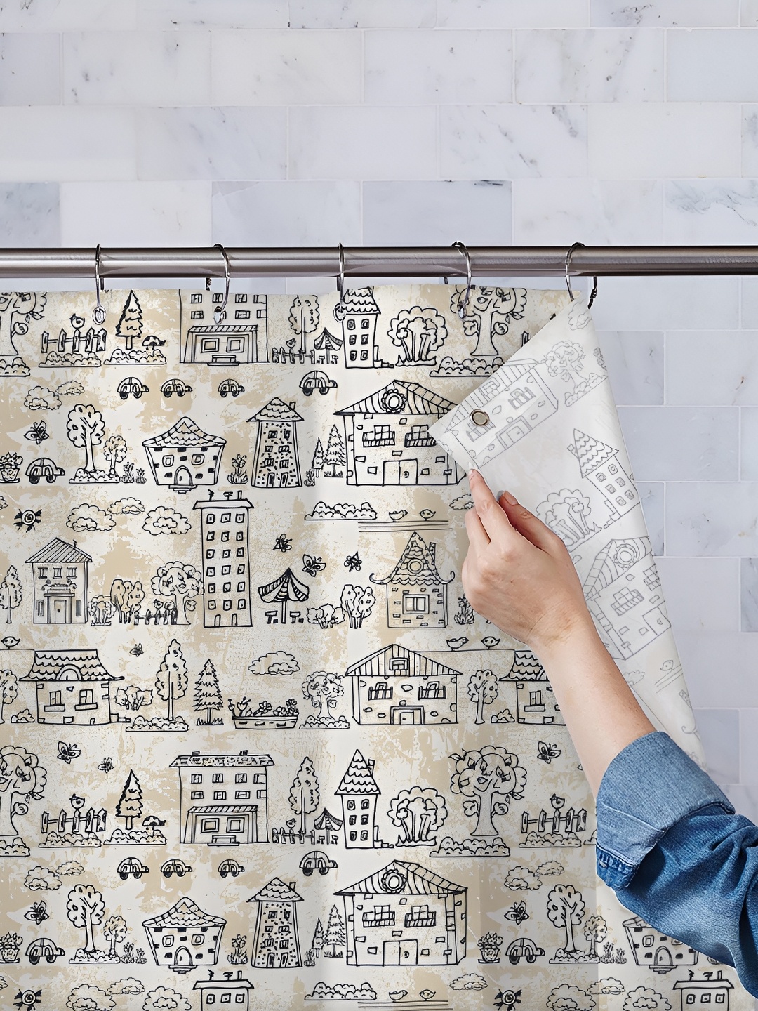 

ArtzFolio Beige & Black Printed Waterproof Shower Curtain