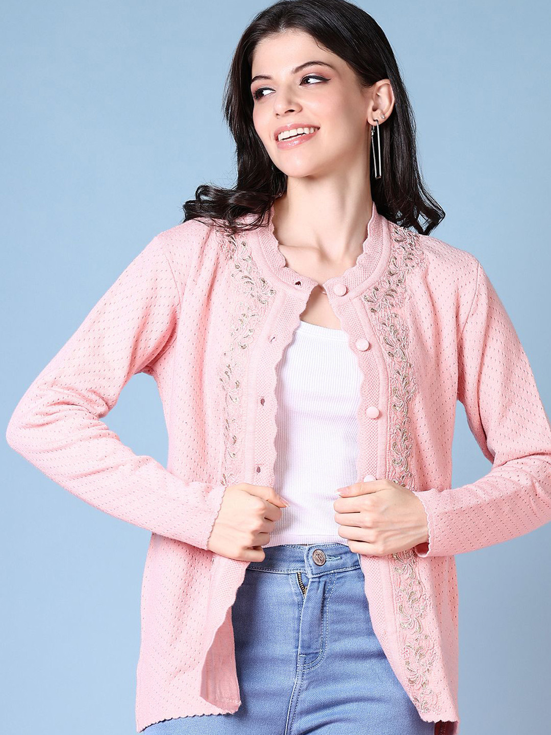 

V-Mart Women Floral Round Neck Long Sleeves Cardigan, Pink