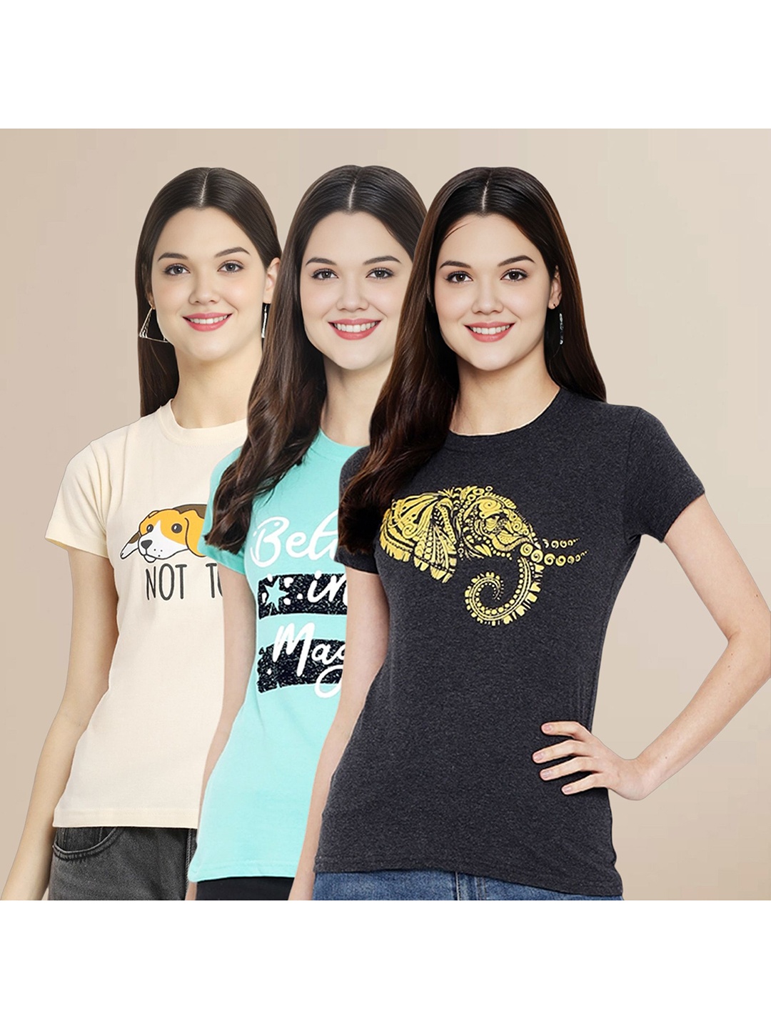 

Metronaut Women Pack Of 3 Typography Printed Round Neck Cotton T-shirts, Charcoal