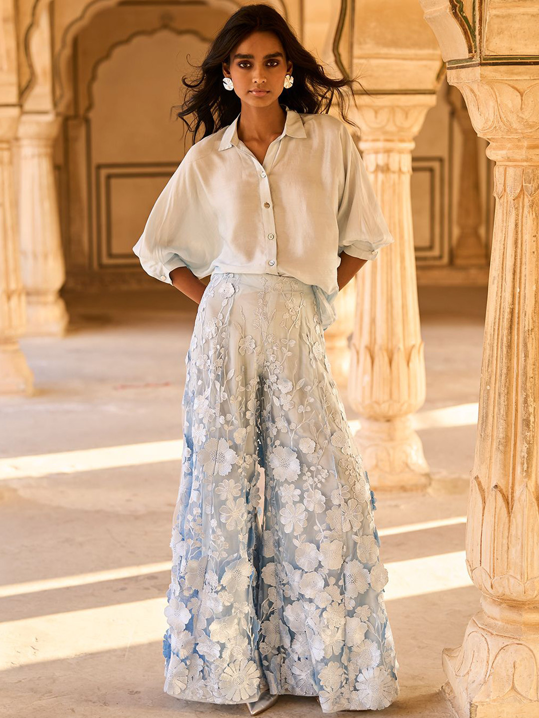 

Dash and Dot Shirt With Lace Embroidered Trouser, Blue