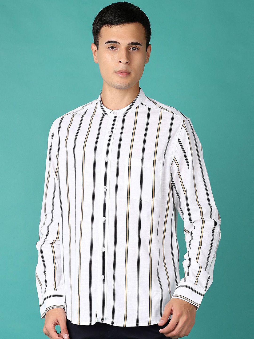 

V-Mart Men Spread Collar Vertical Striped Cotton Casual Shirt, White