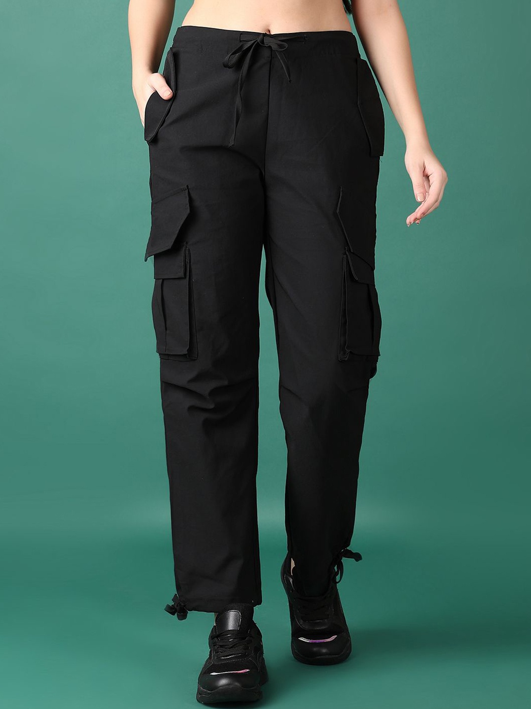 

V-Mart Women Cotton Mid-Rise Regular Fit Cargo Trousers, Black