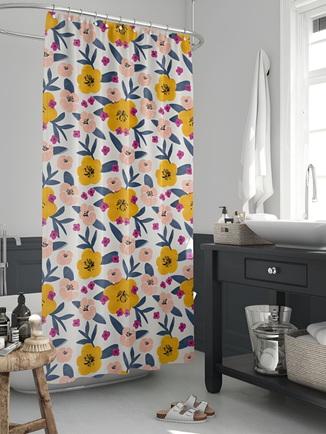 

ArtzFolio White & Yellow Printed Waterproof Shower Curtain