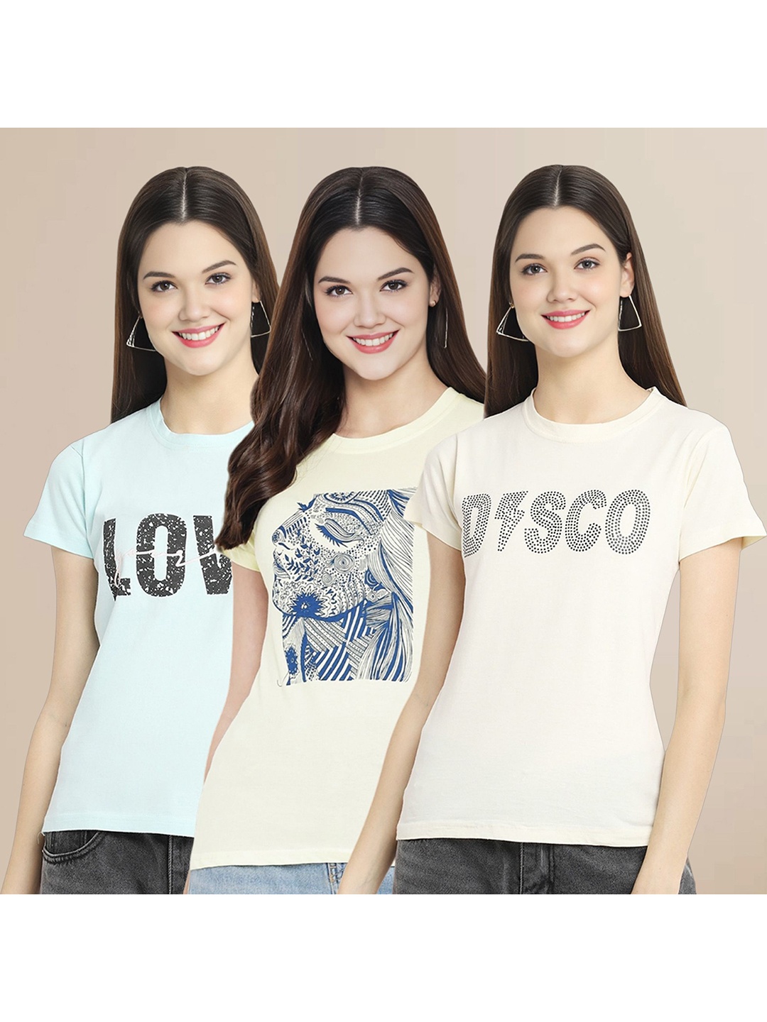 

Metronaut Women Pack Of 3 Typography Printed Round Neck Cotton T-shirts, Blue