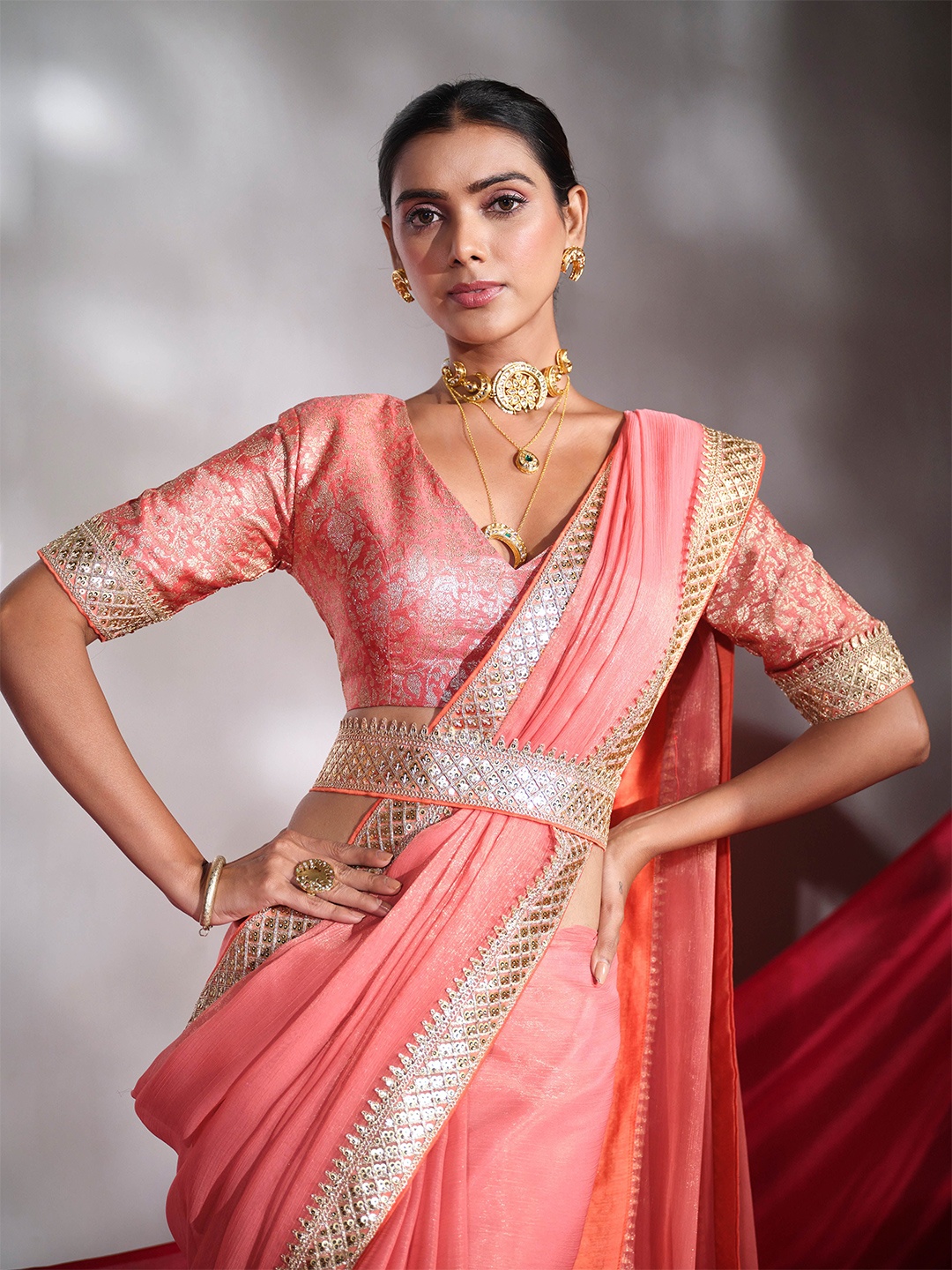 

Sangria Embellished Shimmer Look Saree With Unstitched Blouse, Peach