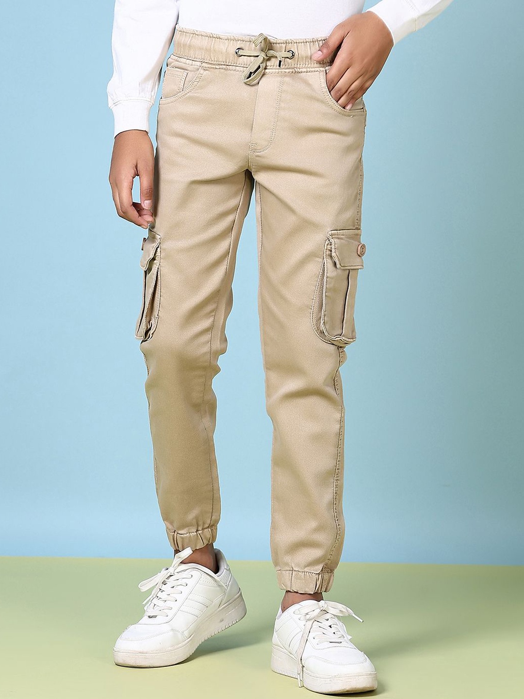 

V-Mart Boys Cotton Mid-Rise Joggers Trousers, Beige