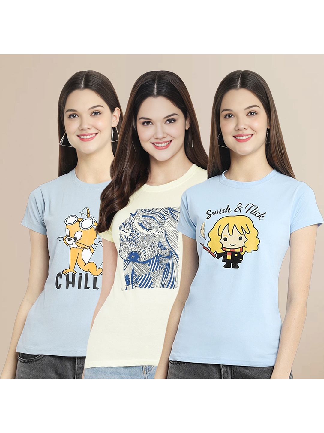 

Metronaut Women Pack Of 3 Graphic Printed Round Neck Cotton Tom & Jerry T-shirts, Blue