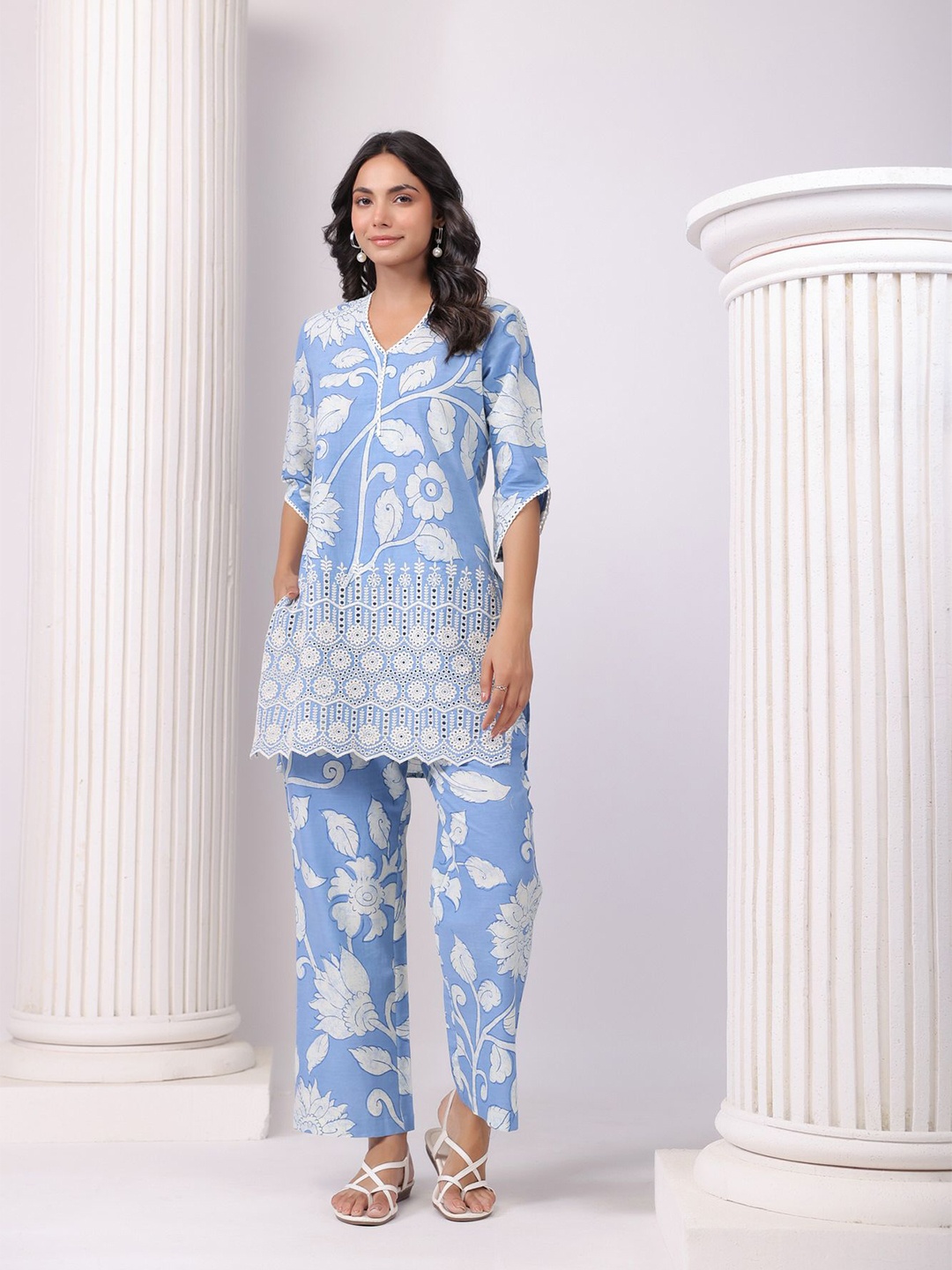 

JISORA Floral Printed V-Neck Pure Cotton Tunic & Trouser, Blue