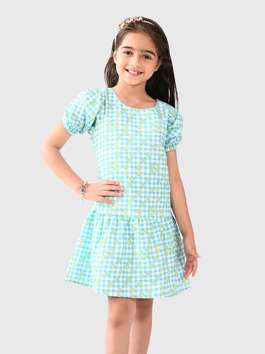 

BONKIDS Girls Checked Puff Sleeve Cotton Drop-Waist Dress, Blue