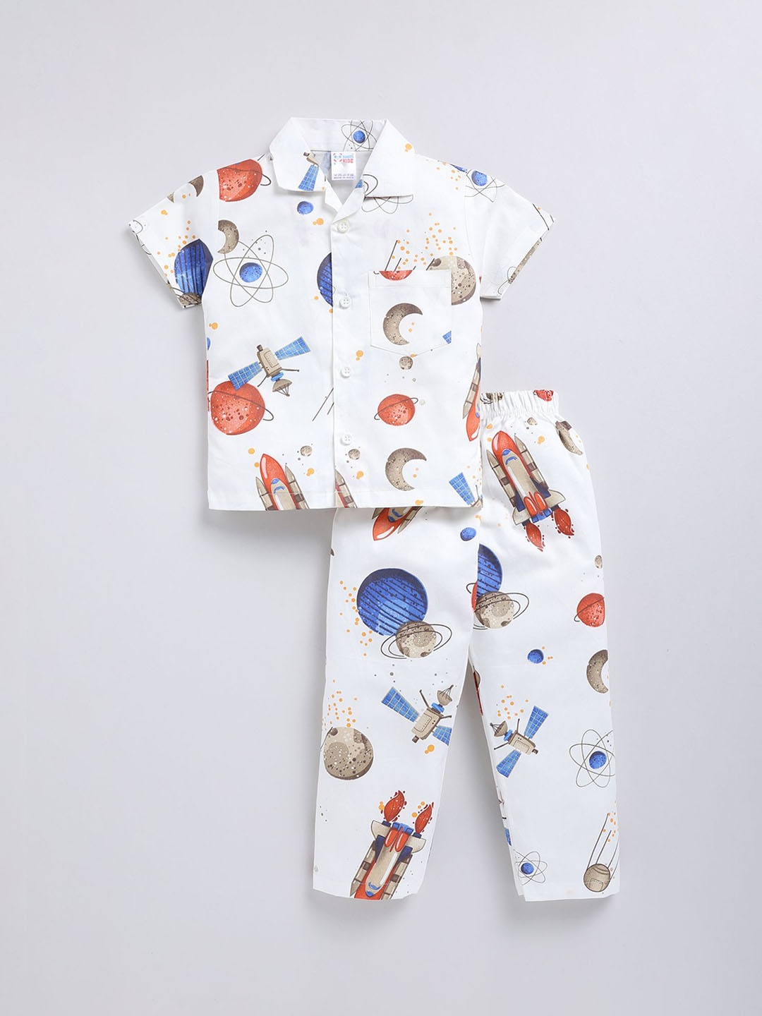 

NAUTI KIDZ Boys Printed Shirt Collar Pure Cotton Night Suit, White