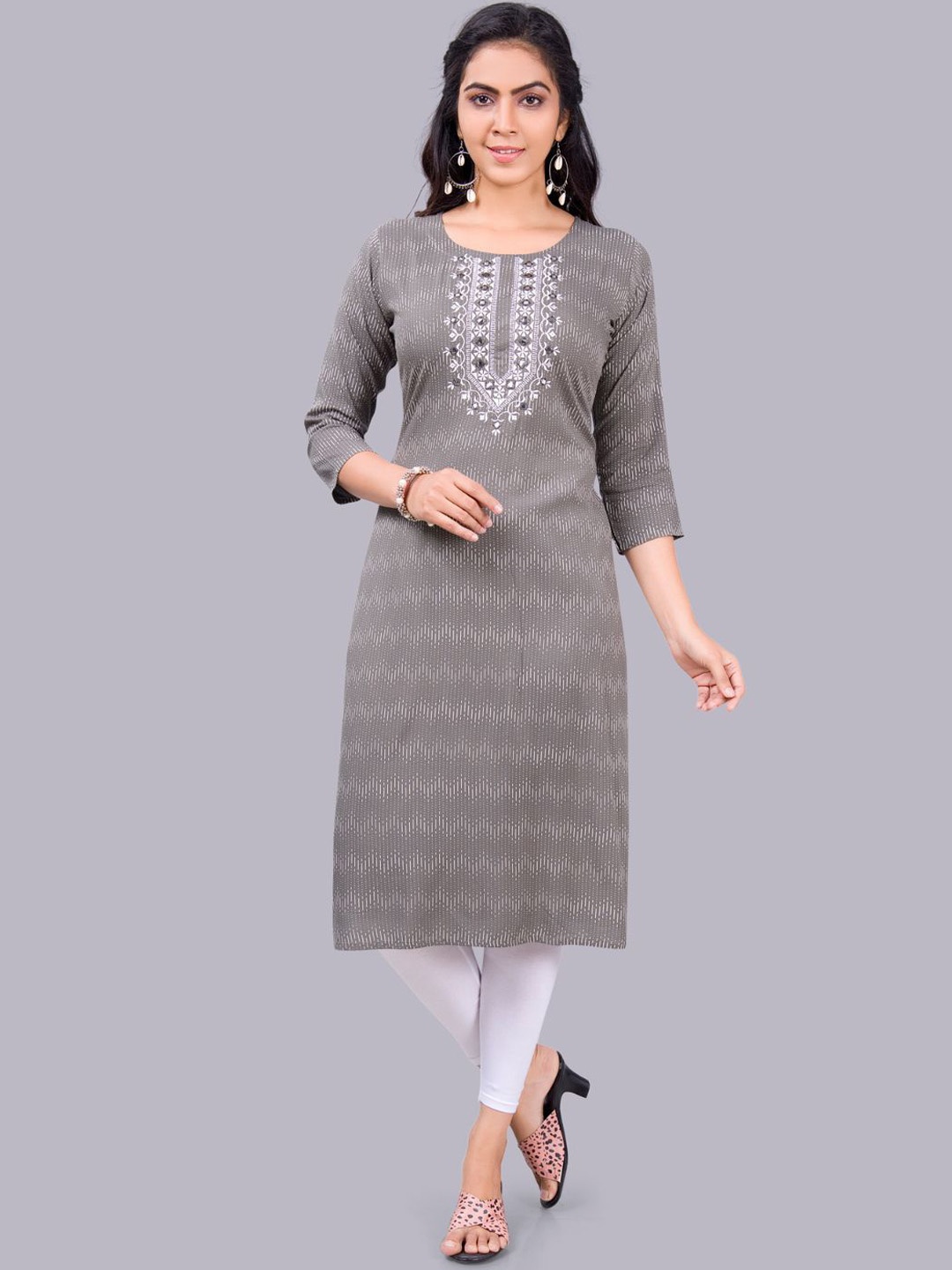 

EliteZilla Round neck Chevron Printed Mirror Work Straight Kurta, Grey