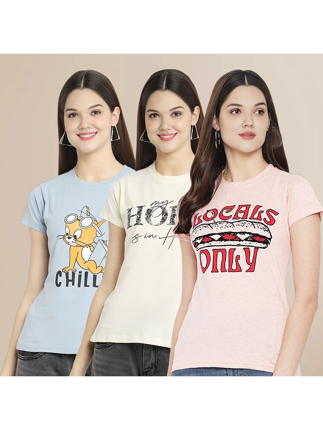 

Metronaut Women Pack Of 3 Graphic Printed Round Neck Cotton Tom & Jerry T-shirts, Blue