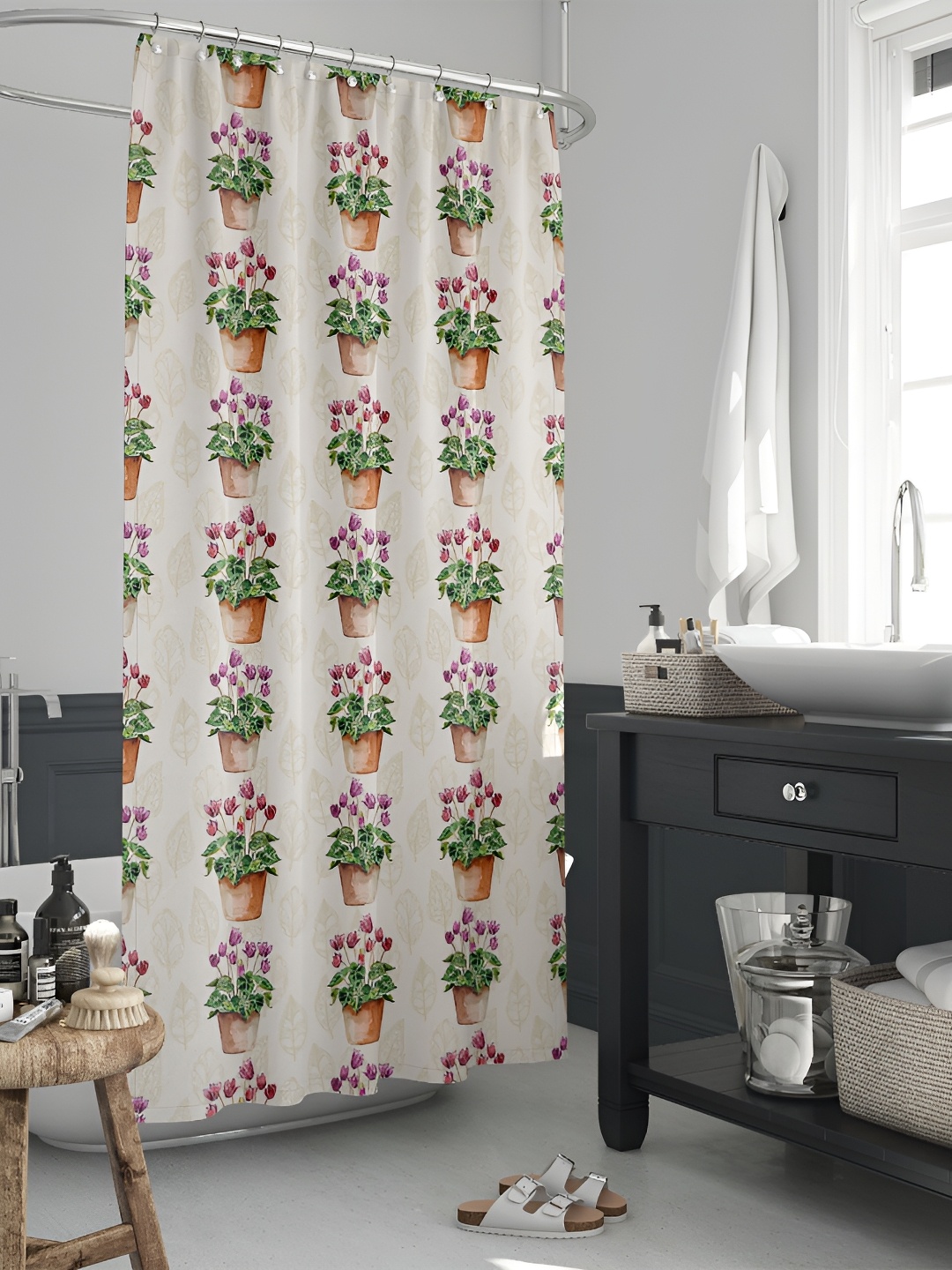 

ArtzFolio White & Green Printed Waterproof Shower Curtain