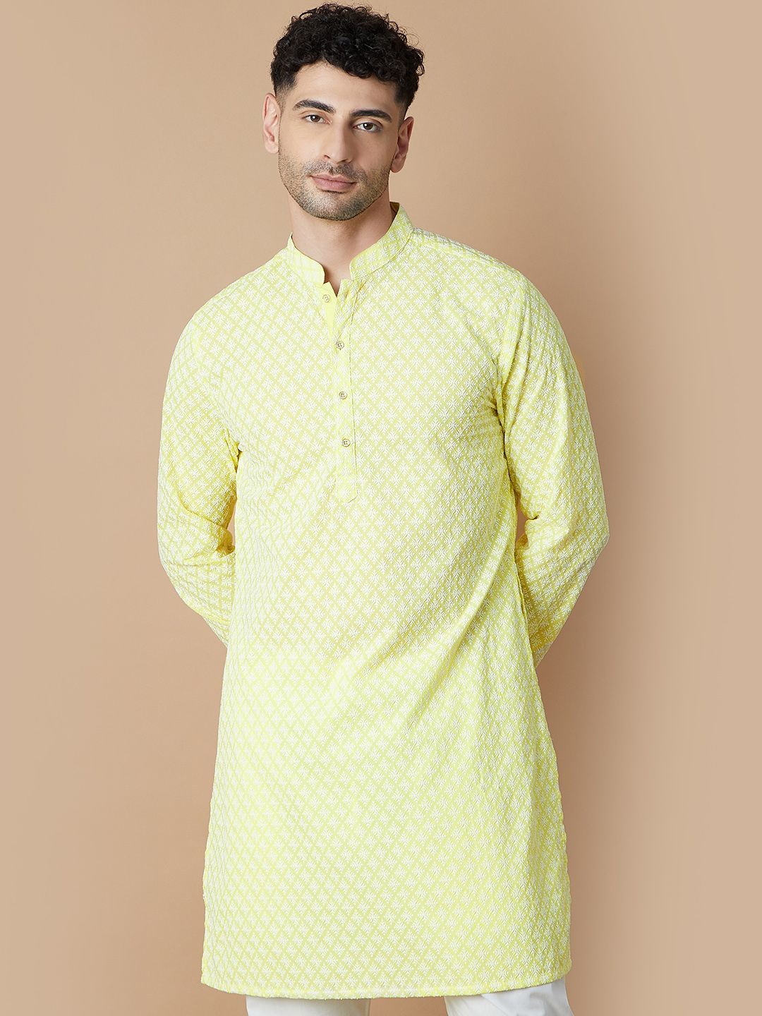 

Melange by Lifestyle Geometric Embroidered Mandarin Collar Pure Cotton Straight Kurta, Green